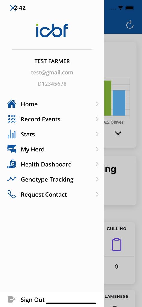 ICBF HerdPlus - Menú de navegación lateral de la aplicación móvil ICBF HerdPlus que muestra opciones para registrar eventos, ver estadísticas del rebaño, panel de salud y seguimiento de genotipos.