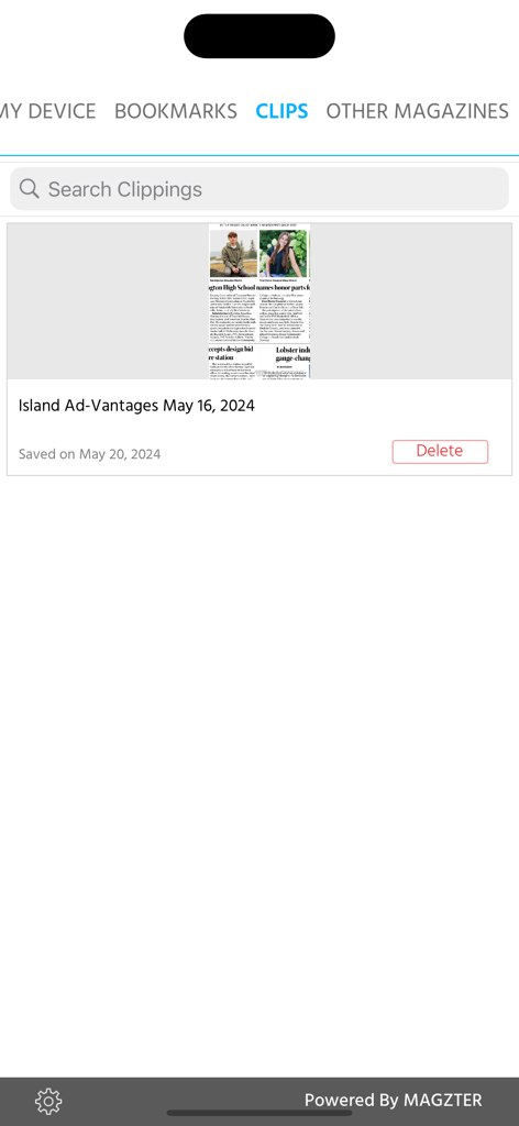 Island Ad-Vantages - The clips section of the Island Ad-Vantages mobile app showing a saved news article about Stonington High School