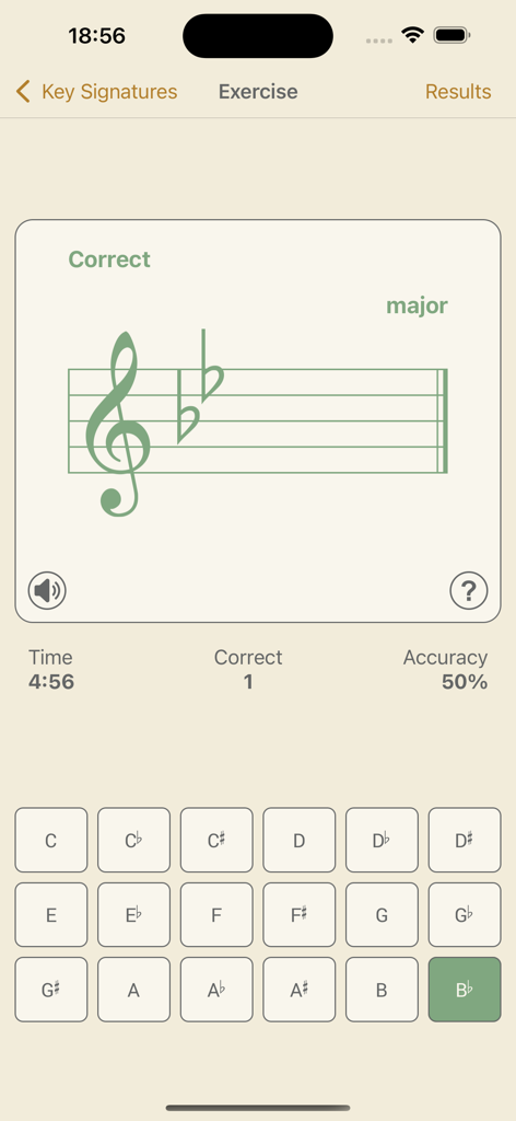 Music Buddy Lite – Learn notes - Pantalla de ejercicio de la aplicación Music Buddy Lite que muestra una clave de Sol con dos bemoles para Si bemol mayor y una cuadrícula de botones de selección de notas.
