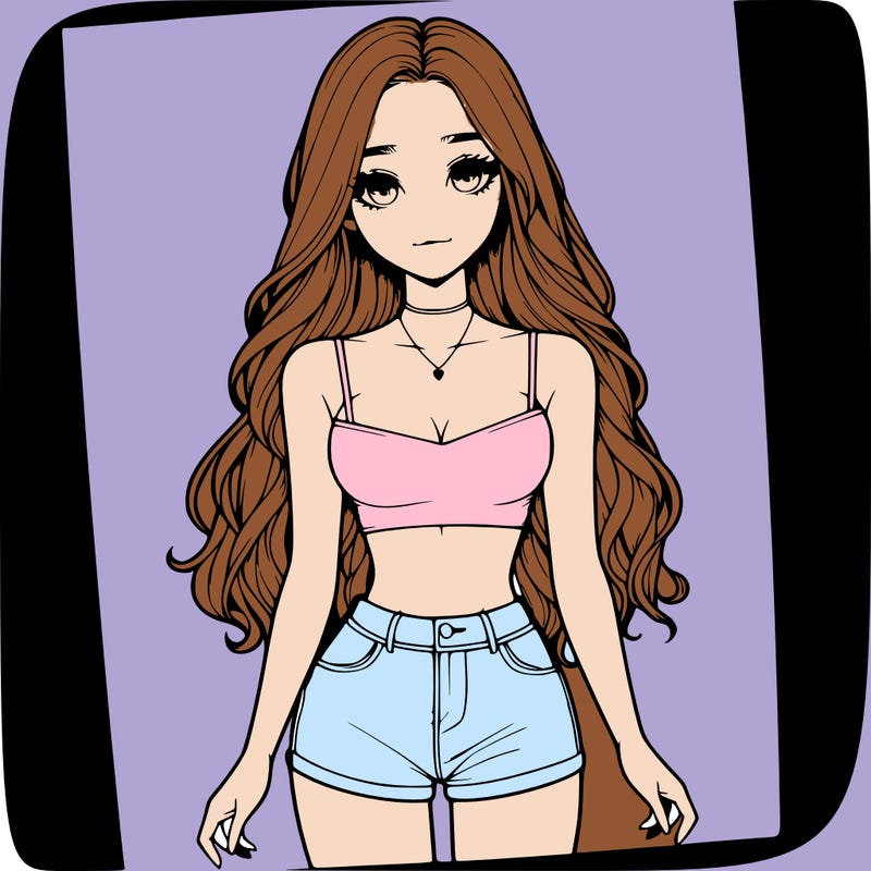 a realistic girl with long hair and in a crop top and shprts