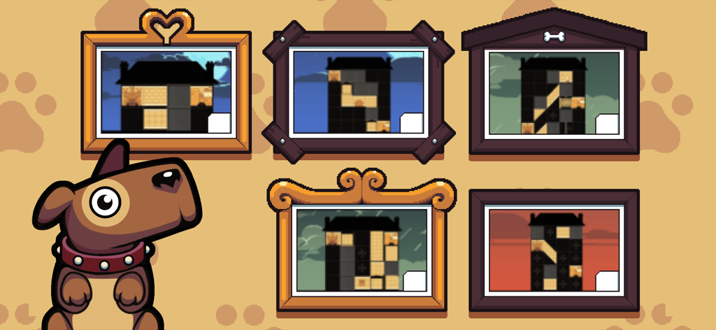 A cute cartoon dog looking at framed house puzzles on a wall.