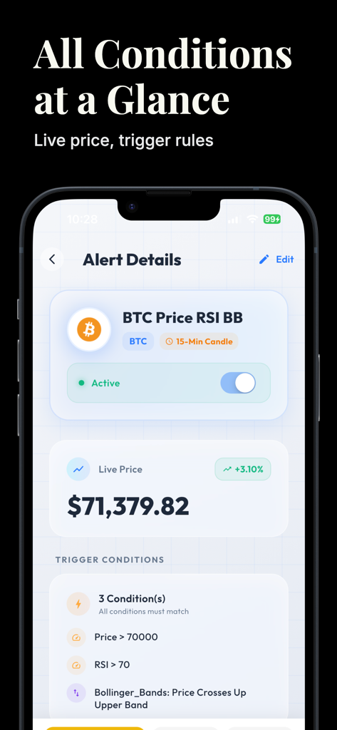 Bildschirm der mobilen App, der Details zu Bitcoin-Trading-Alarmen mit technischen Mehrbedingungen-Triggern wie RSI und Bollinger-Bändern zeigt