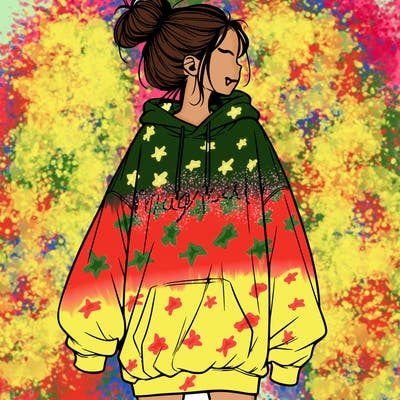 realistic girl with a oversized sweatshirt on and a bun