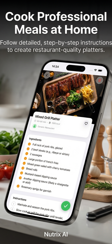 Nutrix AI: Calories Tracker - Una pantalla de teléfono móvil que muestra una receta para una Parrillada Mixta con ingredientes e instrucciones de cocina en la app Nutrix AI.