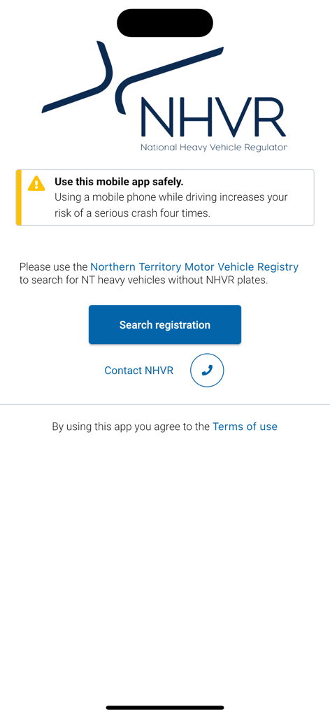 NHVR Registration Checker home screen featuring a safety warning and a button to search vehicle registration.
