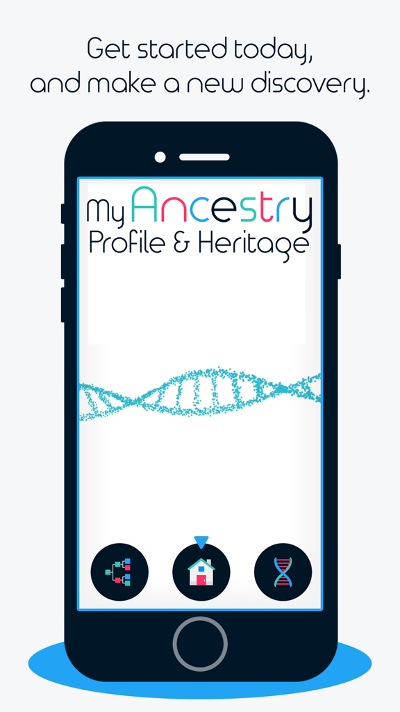 My Ancestry Profile & Heritage - La pantalla de inicio de la aplicación móvil Mi Perfil y Herencia Ancestral que muestra una hélice de ADN e iconos de navegación