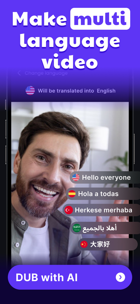 AI Video Translator - DUB it! - 複数の言語に動画コンテンツを翻訳するAIアプリを示すスマートフォンのインターフェース
