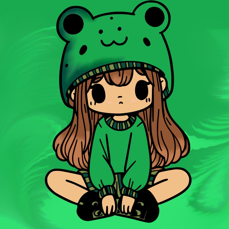 a girl wearing a frog hat and some frog socks