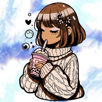 manga girl drinking boba in cozy sweater