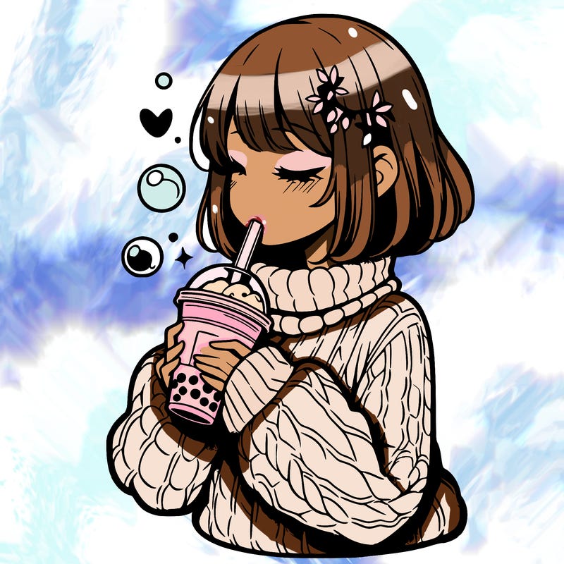manga girl drinking boba in cozy sweater