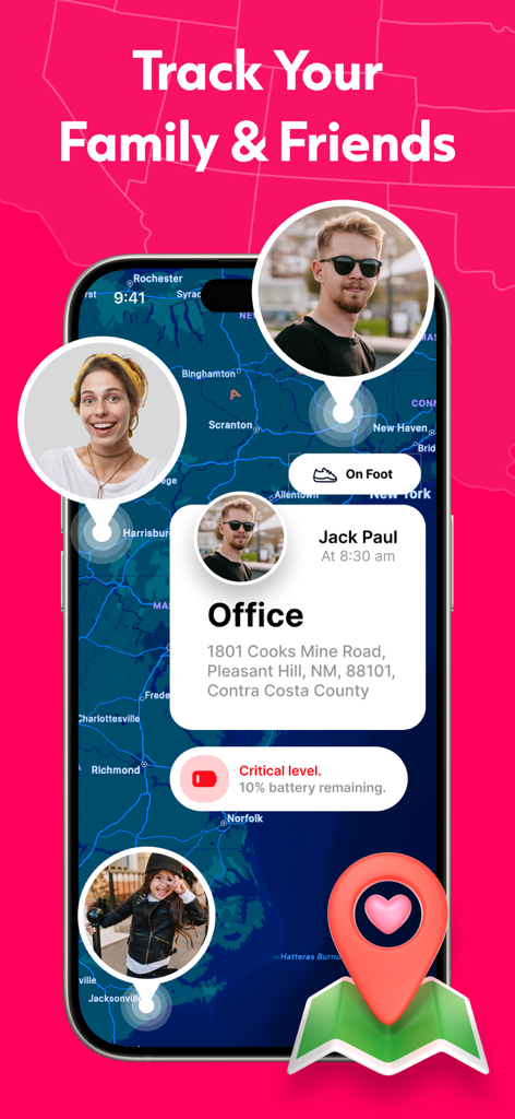 GPS - Phone Location Tracker - Ein Smartphone-Bildschirm, der die GeoTrack360 App mit Echtzeit-Standortverfolgung von Familie und Freunden auf einer Karte mit Statusalarmen anzeigt.
