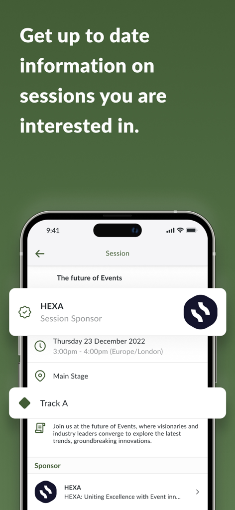 Interface of the Mining Indaba app showing detailed information for a specific conference session including title sponsor time and location