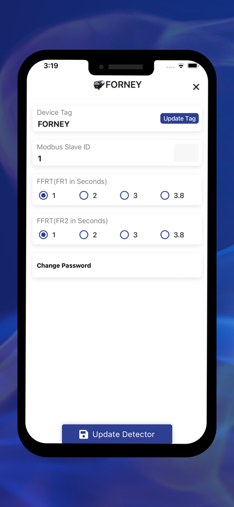 Forney PRO - Settings screen for the Forney PRO app showing device tags and flame failure response time configuration options