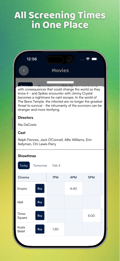 Interfaz de la aplicación Yibi que muestra los horarios de proyección de películas para varios cines en Brunéi