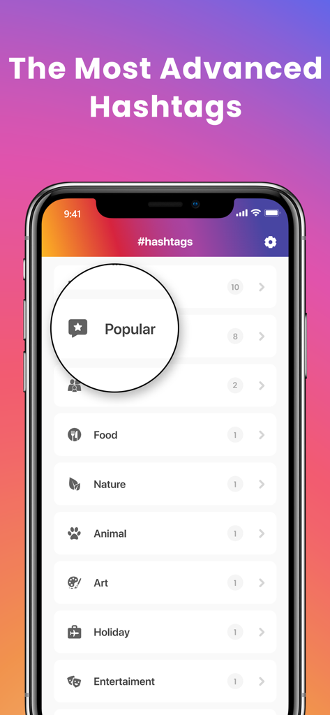 A smartphone screen displaying the Hashtagify app with a list of hashtag categories including Popular, Food, Nature, and Art.