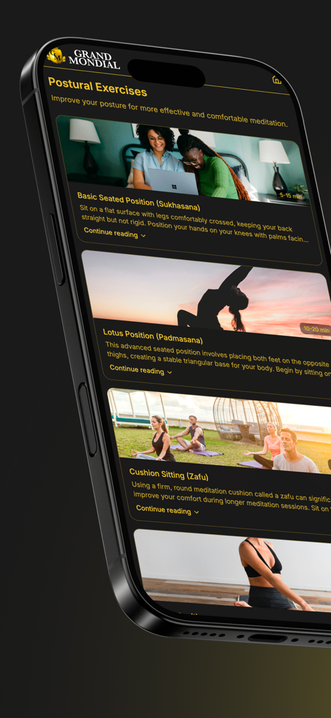 Grand Mondial Mobile - Grand Mondialアプリインターフェース内の瞑想のための姿勢エクササイズのリスト。
