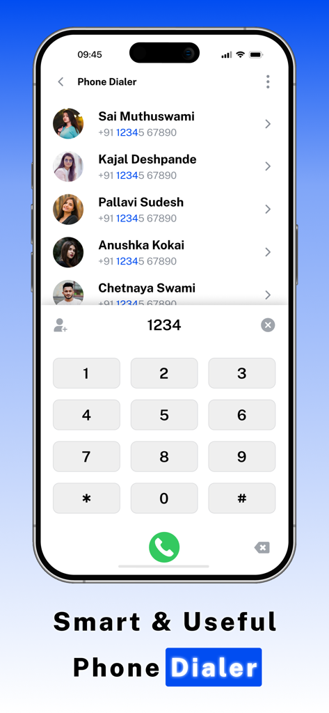 Interface de numérotation téléphonique intelligente dans l'application TrueCaller ID montrant une liste de contacts et un clavier numérique