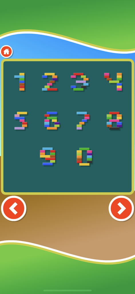 Building Blocks Puzzle Game - Toddler educational game screen showing numbers zero to nine made of colorful building blocks