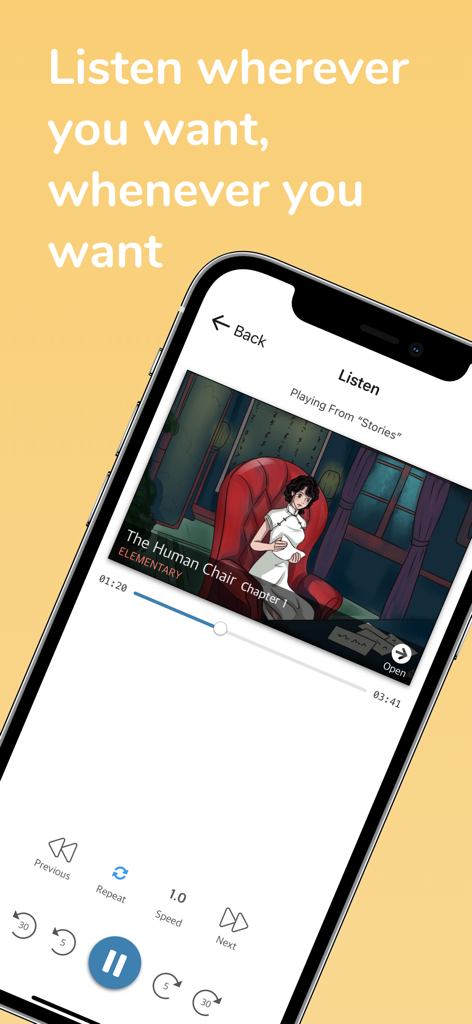 Audiobook interface of Yomu Yomu app showing playback controls and a Japanese story
