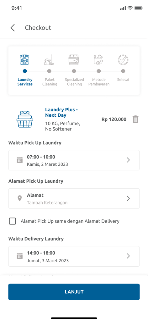JDM Cleaning - JDM Cleaning app checkout screen showing laundry service details, pickup and delivery time selection, and address input.
