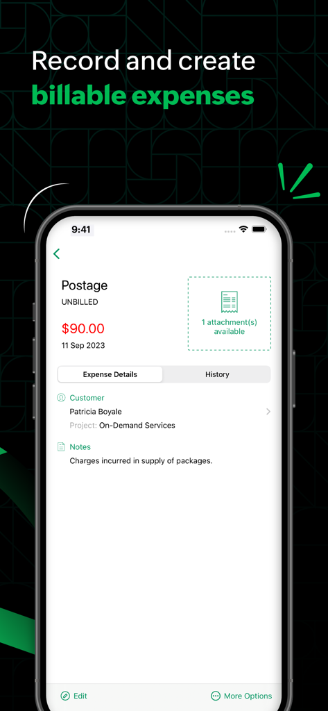 Zoho Billing app screen showing recorded billable expense details