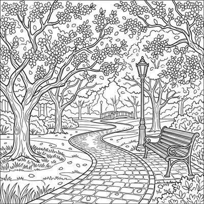 Immerse yourself in the tranquility of a spring park adorned with delicate cherry blossoms. This detailed coloring page invites you to bring a vibrant outdoor scene to life with your favorite colors.