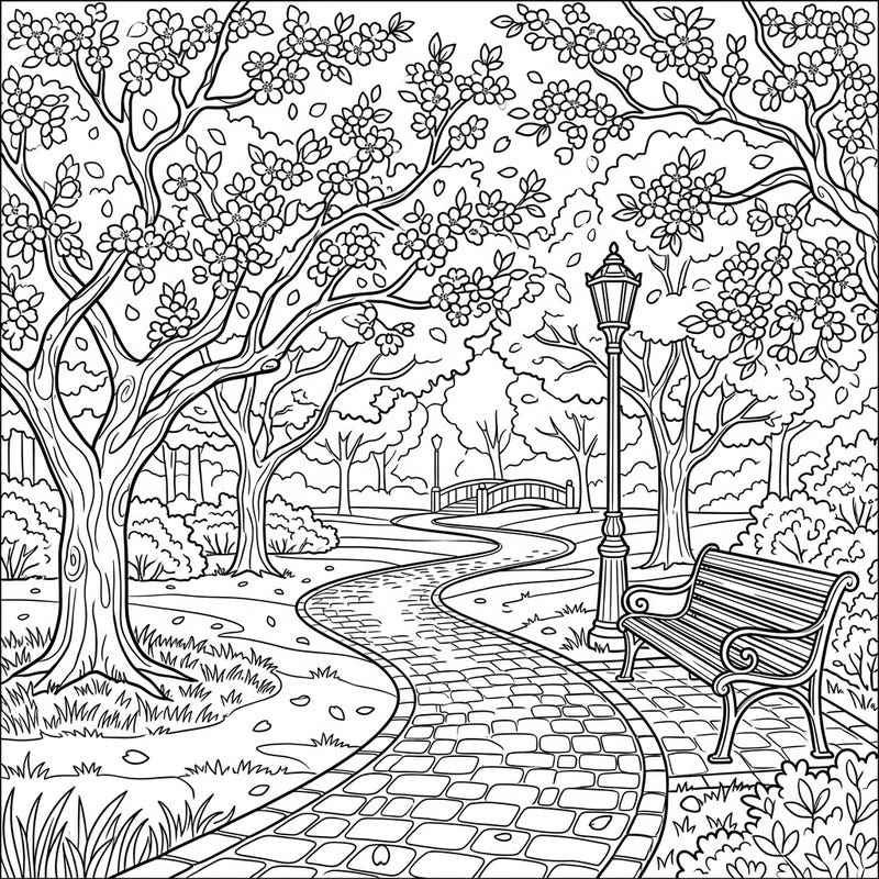 Immerse yourself in the tranquility of a spring park adorned with delicate cherry blossoms. This detailed coloring page invites you to bring a vibrant outdoor scene to life with your favorite colors.