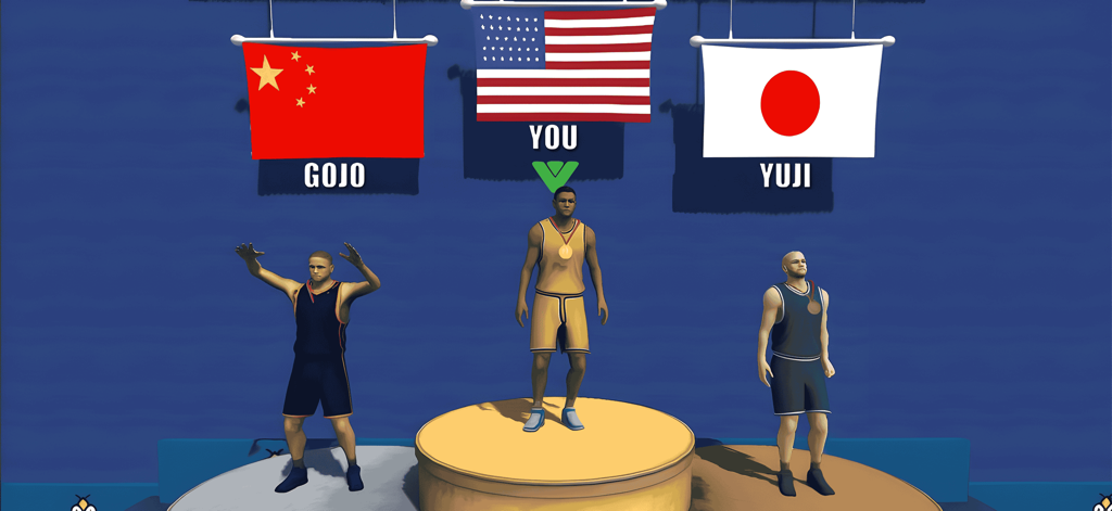 Un athlète américain se tient sur la première marche d'un podium de victoire avec une médaille d'or dans World Sports Challenge 2025.