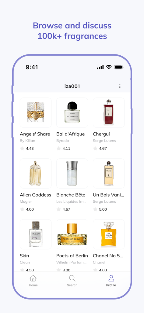 Fragplace - A screenshot of the Fragplace app showing a user profile with a digital shelf of various perfume bottles including Chanel and Byredo.