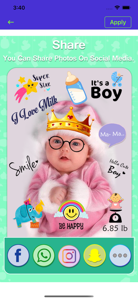 BabyPic Art & Monthly Pictures - Interface showing an edited baby photo with stickers and social media share buttons