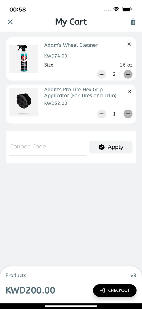 Adam's 휠 클리너 및 타이어 어플리케이터를 포함한 프리미엄 자동차 디테일링 제품을 보여주는 자동차 디테일링 부티크 모바일 앱 쇼핑 카트 화면