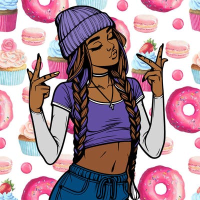 realistic teenage girl with braids and a beanie and crop top doing 🫶🏼
