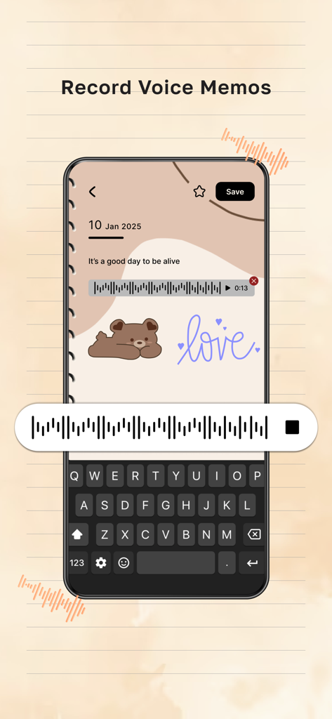 Journal It: Your Daily Diary - A digital diary interface showing a voice memo recording feature with aesthetic stickers and a waveform visual