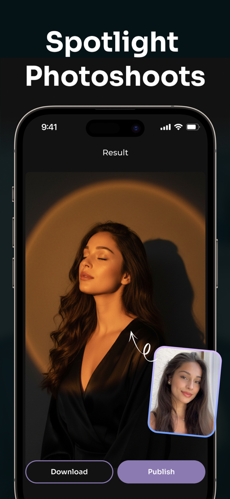 X Art: AI Photo Generator - A professional AI generated spotlight photoshoot portrait of a woman