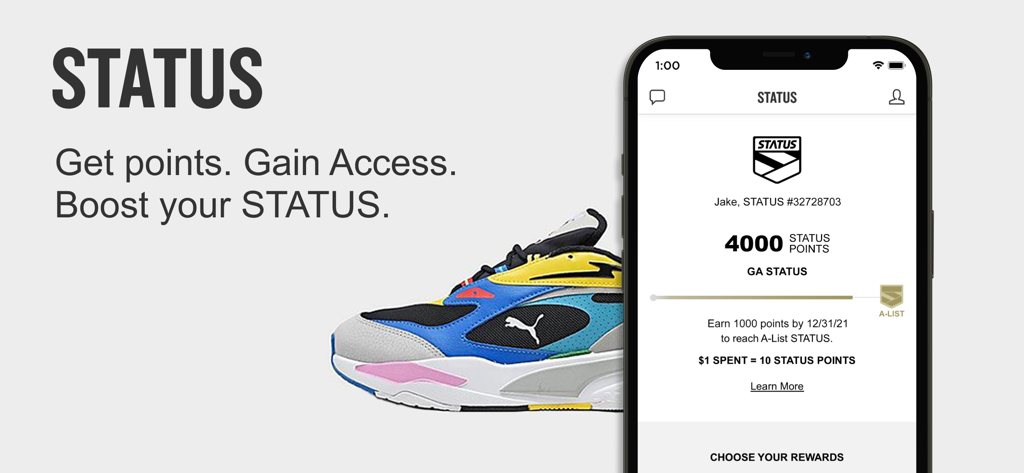 Finish Line – Shop Exclusive - Interfaz de la app Finish Line mostrando el panel del programa de fidelidad STATUS con puntos de recompensa y nivel de miembro