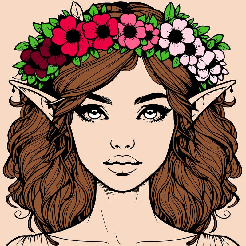 realistic female elf with flower crown