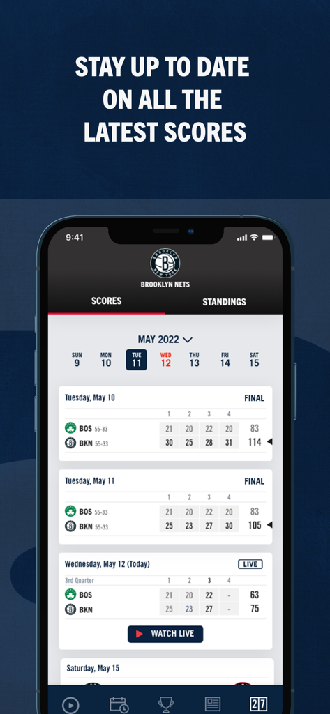 YES Network - Interface of the YES Network app displaying Brooklyn Nets live scores and game results.
