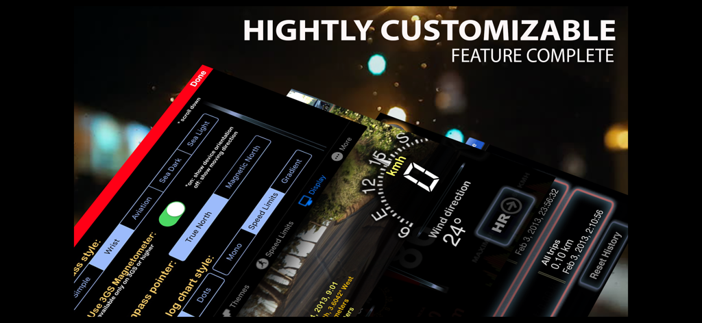 aSmart HUD 3D +SpeedCams - Un montaje de pantallas de la aplicación aSmart HUD 3D que muestran configuraciones de tablero personalizables y datos de conducción en tiempo real