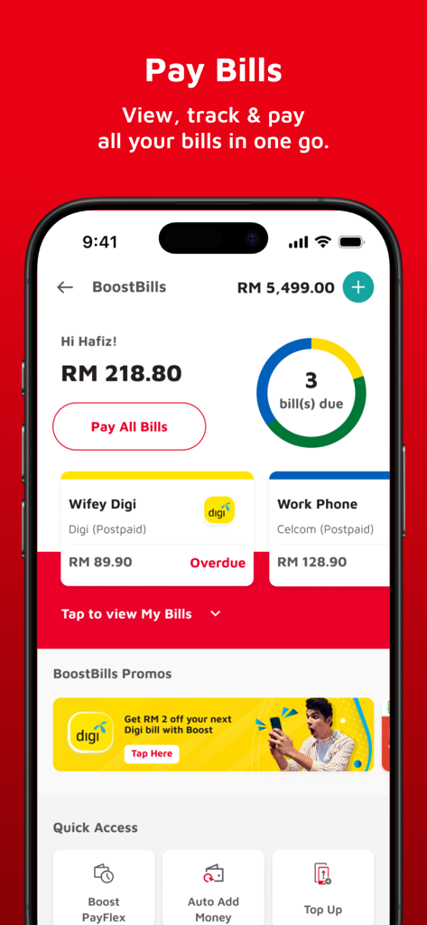Boost App Malaysia bill payment screen showing tracked bills and payment options