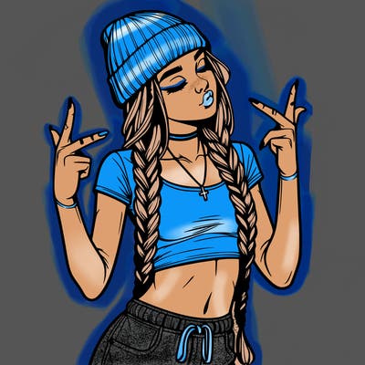 realistic teenage girl with braids and a beanie and crop top doing 🫶🏼