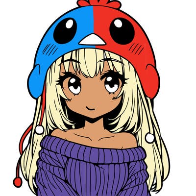 anime girl with chick shaped hat with sweater with bare shoulders with bangs covering them one eye with low tail