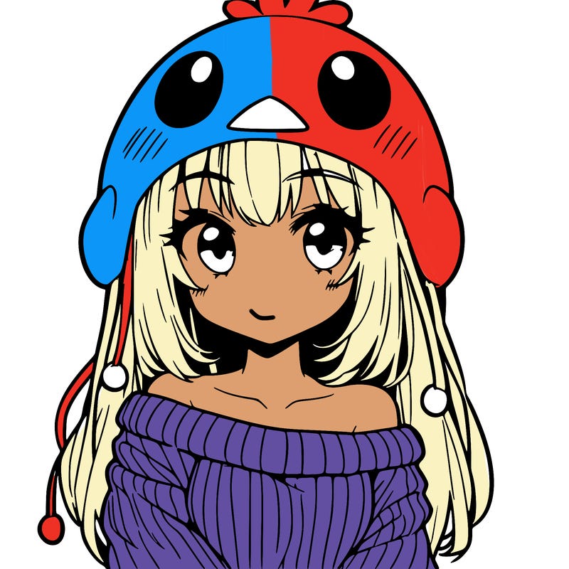 anime girl with chick shaped hat with sweater with bare shoulders with bangs covering them one eye with low tail