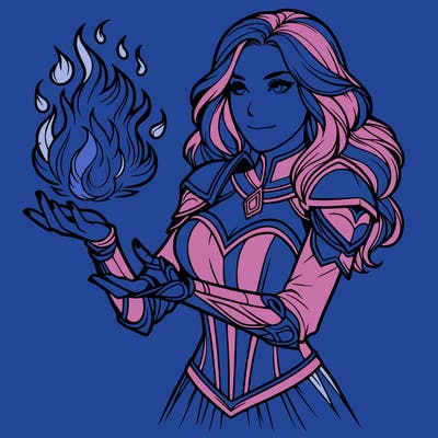 realistic magical woman in fire armor with fire in her hands