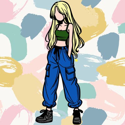 girl in baggy pants crop top and long hair