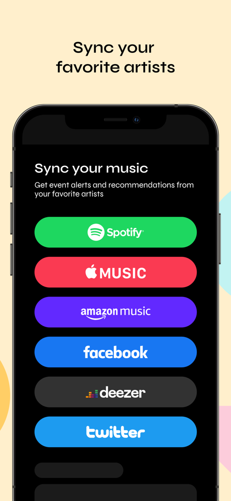 Bandsintown Concerts - Bandsintown App-Bildschirm mit Optionen zur Synchronisierung von Musik von Spotify, Apple Music und Amazon Music.