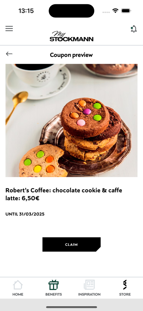 MyStockmann - MyStockmann app coupon preview for a chocolate cookie and caffe latte deal at Robert's Coffee.