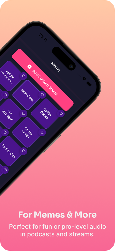 Soundboard Pro app interface on iPhone featuring meme sound buttons and a custom sound addition option