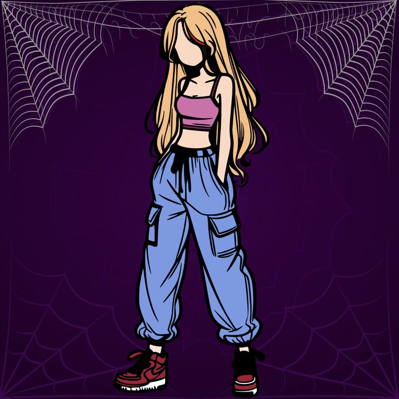 girl in baggy pants crop top and long hair