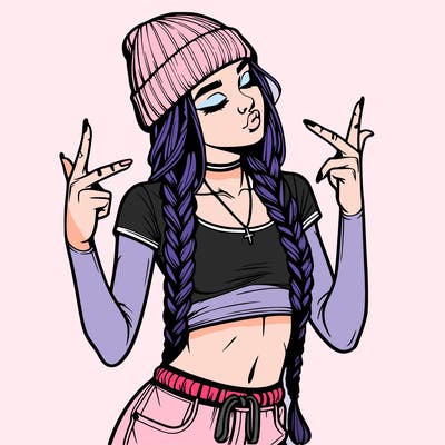 realistic teenage girl with braids and a beanie and crop top doing 🫶🏼