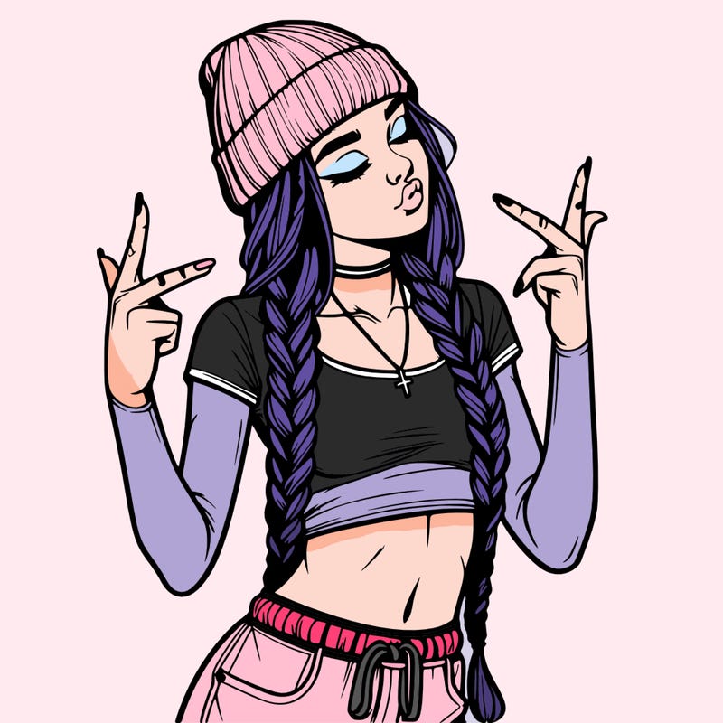 realistic teenage girl with braids and a beanie and crop top doing 🫶🏼